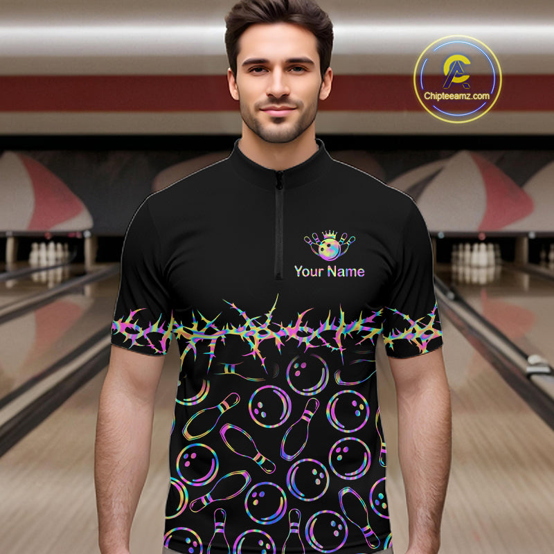 Personalized Bowling Shirt Black Neon Bowling Ball Custom Team Polo For Men NHT1269