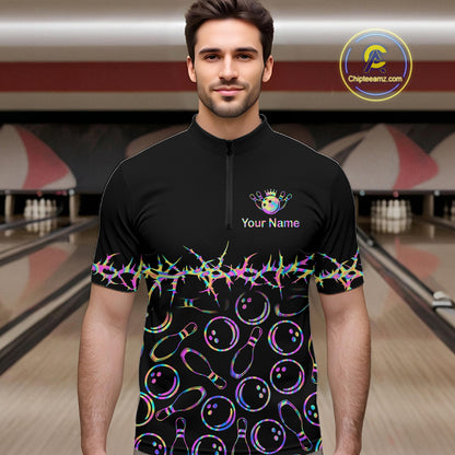 Personalized Bowling Shirt Black Neon Bowling Ball Custom Team Polo For Men NHT1269