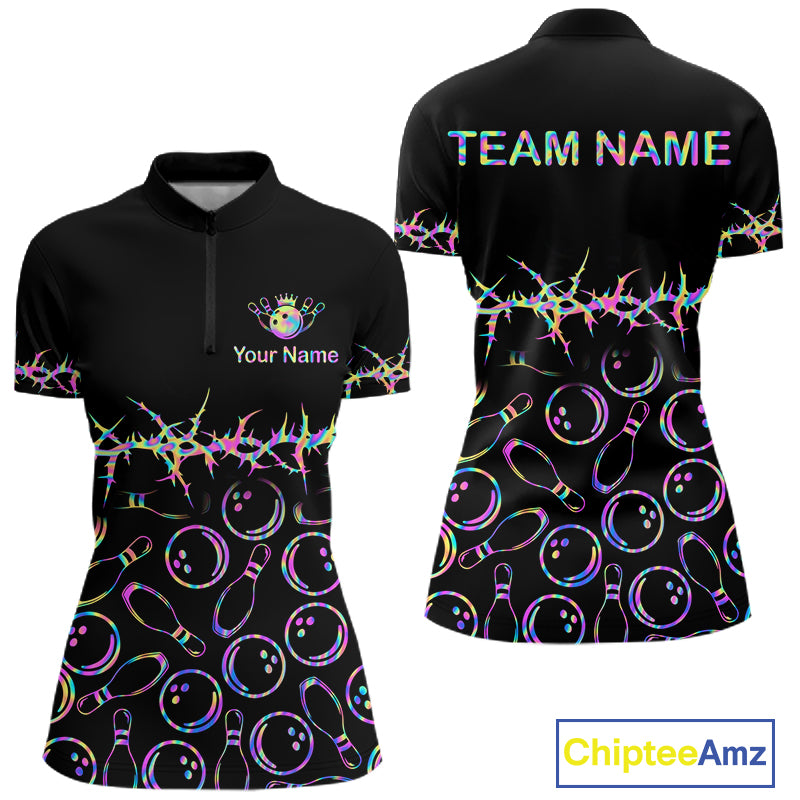 Black short-sleeve polo shirt shown from front and back on a white background, with colorful bowling-themed print including bowling pins, bowling balls, and a neon rainbow barbed-wire motif. Front has a small custom logo area reading 'Your Name' with a crown icon; back has 'TEAM NAME'.