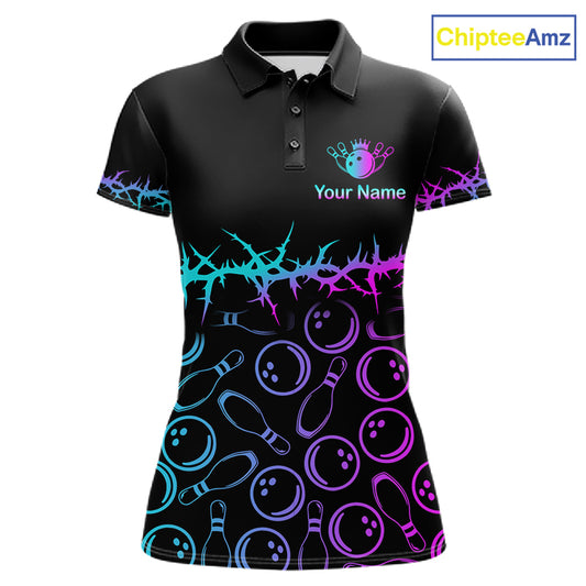 A women's short-sleeve polo shirt in black with a colorful bowling-themed print. The design features neon blue and purple bowling pins and balls, a thorny line across the chest, and a customizable bowling pin graphic with the text 'Your Name' on the left chest.