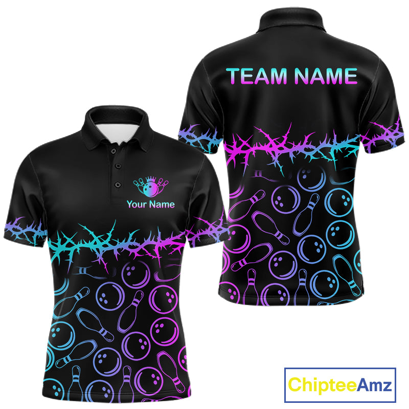 Black short-sleeve polo shirt shown from front and back with bowling ball and pin graphics, neon blue-to-purple gradient stripes, and customizable text areas reading TEAM NAME and Your Name. A ChipteeAmz logo appears in the bottom right corner.