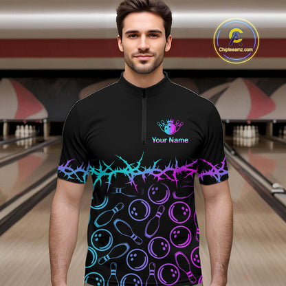 Personalized Bowling Shirt Black Cyan Purple Bowling Ball Team Polo For Men NHT1270
