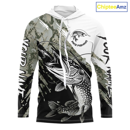 Personalized Gray Camo Northern Pike Fishing Jersey, Team Pike Fishing Long Sleeve Hooded Tournament Shirt NHT816