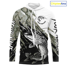 Load image into Gallery viewer, Personalized Gray Camo Northern Pike Fishing Jersey, Team Pike Fishing Long Sleeve Hooded Tournament Shirt NHT816