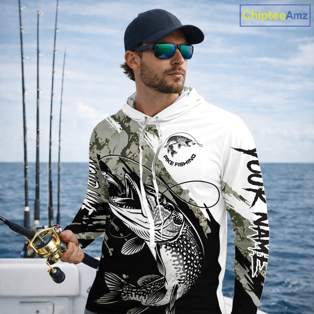 Personalized Gray Camo Northern Pike Fishing Jersey, Team Pike Fishing Long Sleeve Hooded Tournament Shirt NHT816