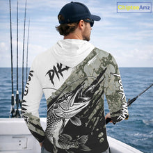 Load image into Gallery viewer, Personalized Gray Camo Northern Pike Fishing Jersey, Team Pike Fishing Long Sleeve Hooded Tournament Shirt NHT816