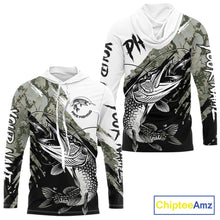 Load image into Gallery viewer, Personalized Gray Camo Northern Pike Fishing Jersey, Team Pike Fishing Long Sleeve Hooded Tournament Shirt NHT816