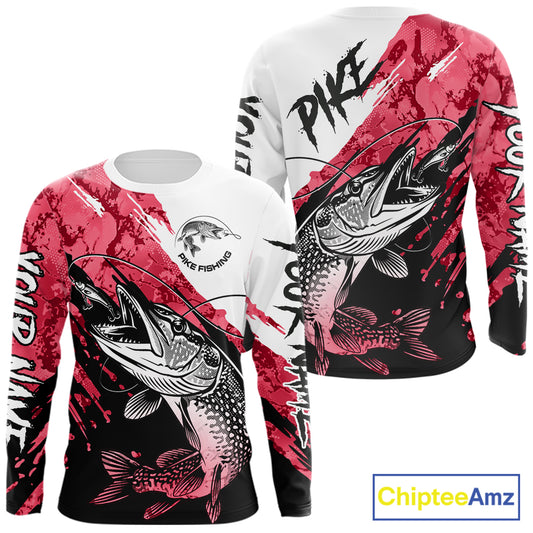 Personalized Red Northern Pike Fishing Jersey, Team Pike Fishing Long Sleeve Tournament Shirt NHT819