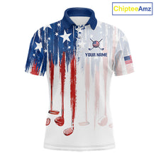 Load image into Gallery viewer, Front view American Flag golf white mens golf polo shirt custom name