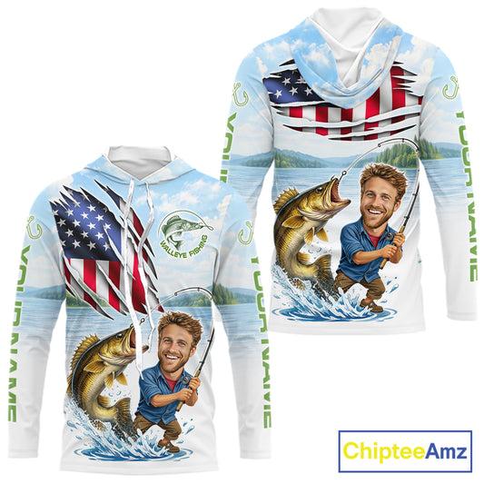 Personalized Walleye Fishing Shirts Hooded Long Sleeve Custom Face Walleye Fishing Patriot Shirt  NHT605