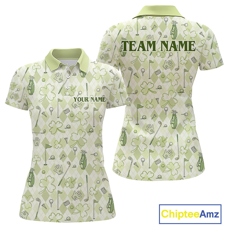 Custom Women’s Long Sleeve Golf Polo Shirt Lucky Shamrock Argyle Pattern Personalized Team Name