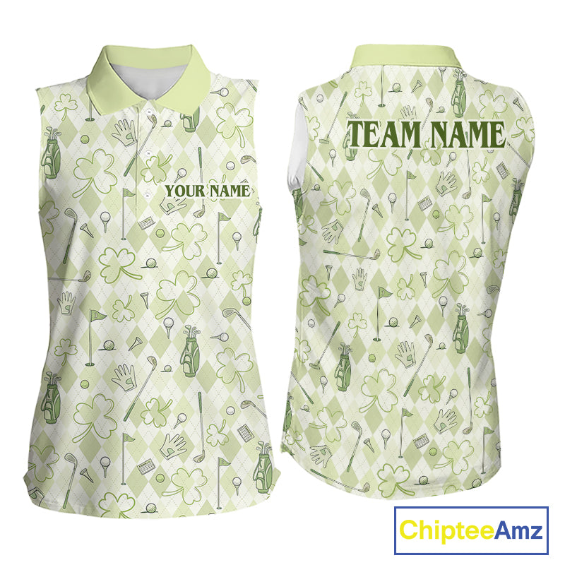 Custom Women's Sleeveless Golf Polo Shirt Lucky Shamrock Argyle Pattern Personalized Team Name
