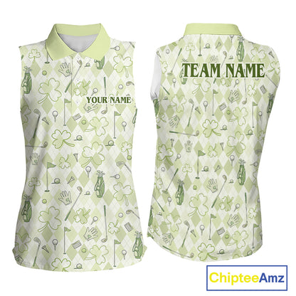 Custom Women's Sleeveless Golf Polo Shirt Lucky Shamrock Argyle Pattern Personalized Team Name