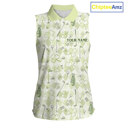 Custom Women's Sleeveless Golf Polo Shirt Lucky Shamrock Argyle Pattern Personalized Team Name|Green NHT969 - Women's Slee...