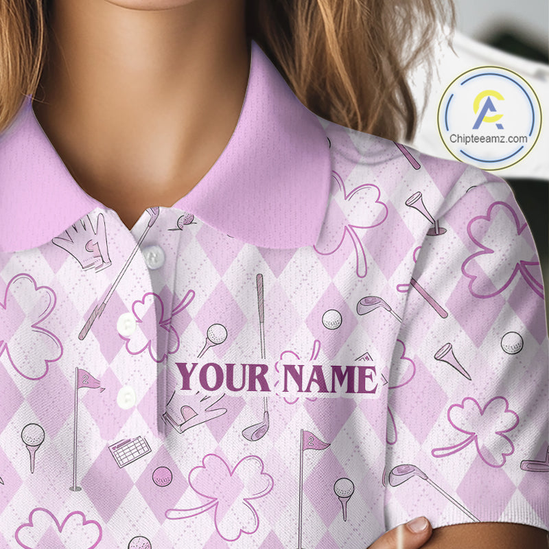 Custom Women’s Long Sleeve Golf Polo Shirt Lucky Shamrock Argyle Pattern Personalized Team Name