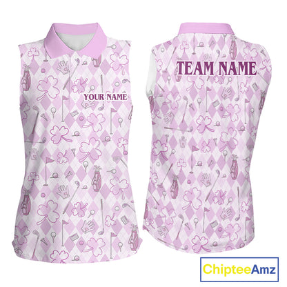 Custom Women's Sleeveless Golf Polo Shirt Lucky Shamrock Argyle Pattern Personalized Team Name