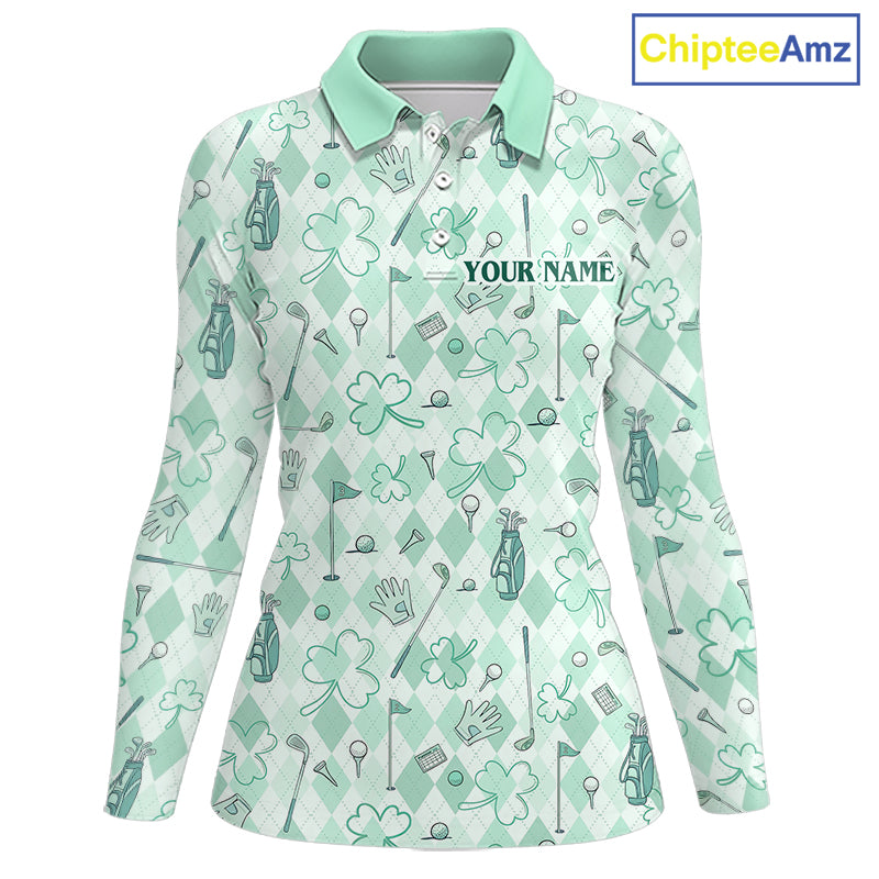 Custom Women’s Long Sleeve Golf Polo Shirt Lucky Shamrock Argyle Pattern Personalized Team Name