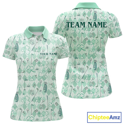 Custom Women’s Long Sleeve Golf Polo Shirt Lucky Shamrock Argyle Pattern Personalized Team Name