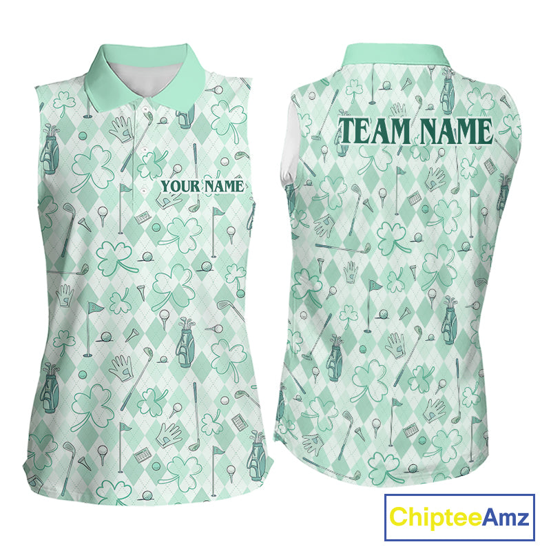 Custom Women's Sleeveless Golf Polo Shirt Lucky Shamrock Argyle Pattern Personalized Team Name