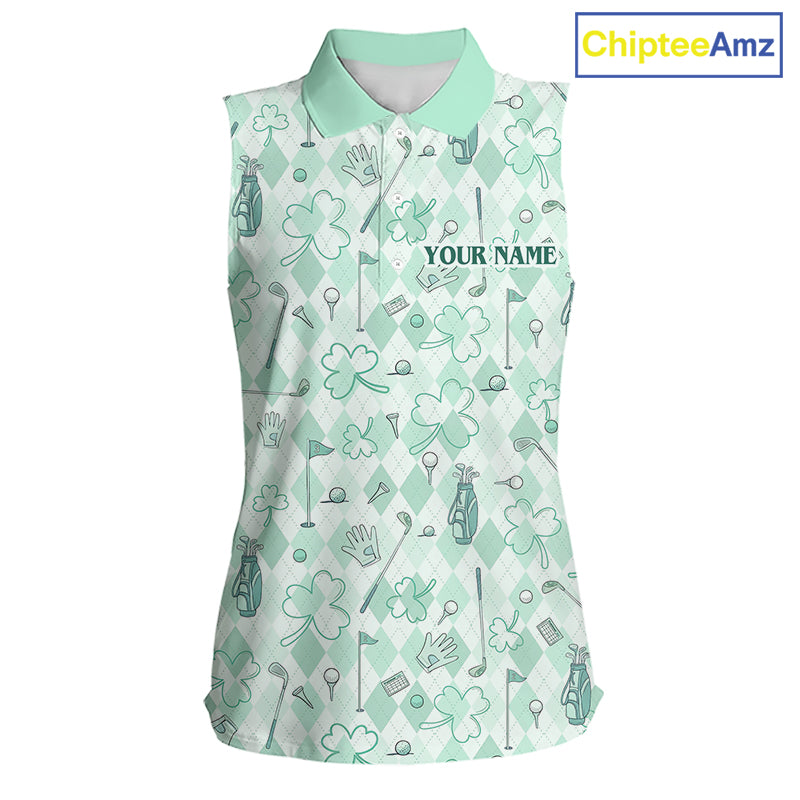 Custom Women's Sleeveless Golf Polo Shirt Lucky Shamrock Argyle Pattern Personalized Team Name|Tourquoise NHT971 - Women's...