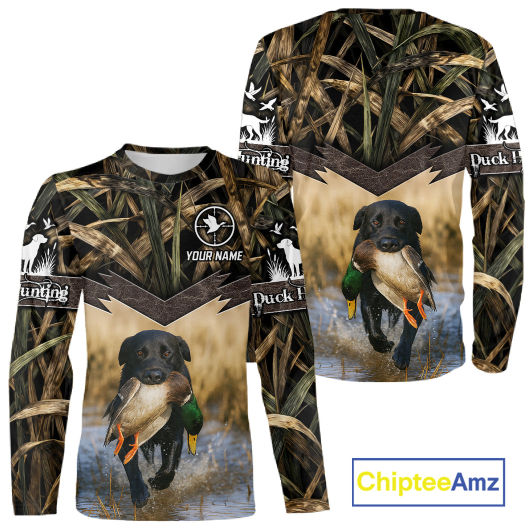 Mallard Duck Waterfowl Hunting Shirt Camo Personalized With Black Lab Dog, Hunting Shirts NHT167