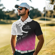 Load image into Gallery viewer, Custom Mens Golf Polo Shirt Pink Black Gradient, Personalized Name Golf Shirt, Gift For Golfer NHT825