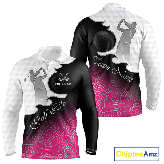 Custom Mens Golf Polo Shirt Pink Black Gradient, Personalized Name Golf Shirt, Gift For Golfer NHT825