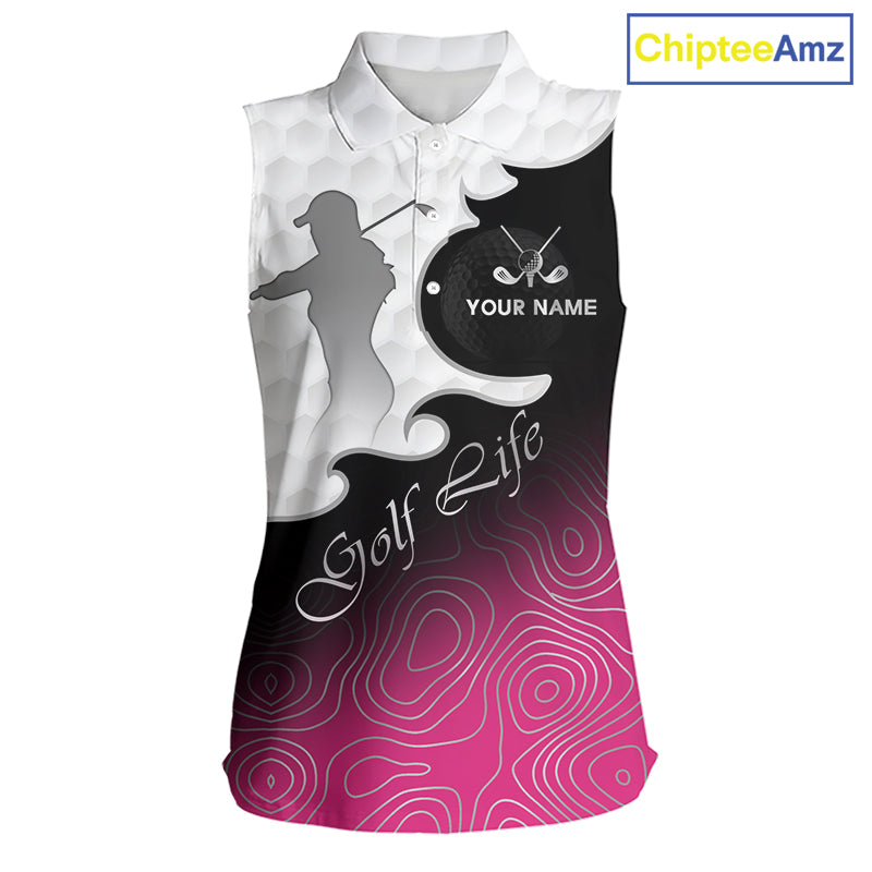 Custom Sleeveless Womens Golf Polo Shirt Pink Black Gradient, Personalized Name Golf Shirt, Gift For Golfer NHT825
