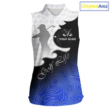 Load image into Gallery viewer, Custom Sleeveless Womens Golf Polo Shirt Blue Black Gradient, Personalized Name Golf Shirt, Gift For Golfer NHT826