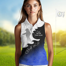 Load image into Gallery viewer, Custom Sleeveless Womens Golf Polo Shirt Blue Black Gradient, Personalized Name Golf Shirt, Gift For Golfer NHT826