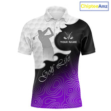Load image into Gallery viewer, Custom Mens Golf Polo Shirt Purple Black Gradient, Personalized Name Golf Shirt, Gift For Golfer NHT828