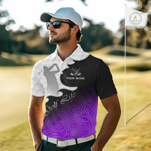Load image into Gallery viewer, Custom Mens Golf Polo Shirt Purple Black Gradient, Personalized Name Golf Shirt, Gift For Golfer NHT828