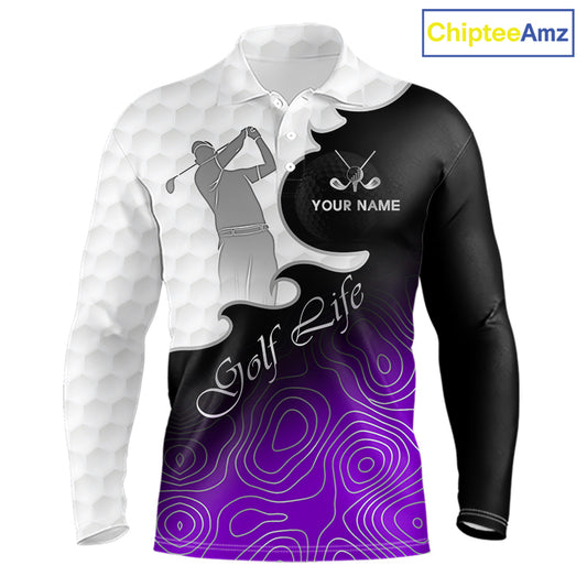 Custom Mens Golf Polo Shirt Purple Black Gradient, Personalized Name Golf Shirt, Gift For Golfer NHT828
