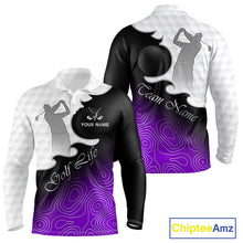 Load image into Gallery viewer, Custom Mens Golf Polo Shirt Purple Black Gradient, Personalized Name Golf Shirt, Gift For Golfer NHT828