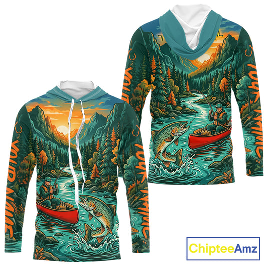 Colorful hoodie with nature-themed design featuring a river, mountains, and fish, branded 'Chiptee Amz'.
