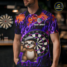 Load image into Gallery viewer, Person wearing a colorful polo shirt with a cartoon sloth holding a dart and a dartboard design.