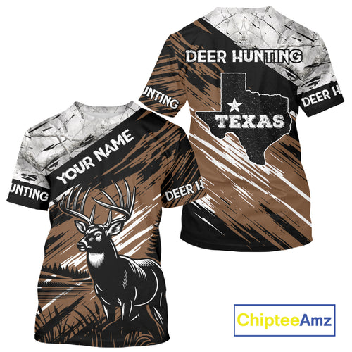 Deer Hunting Shirt 3D All Over Print Brown Black Gray Camo Deer With TX Flag Season NHT65