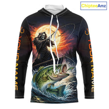 Load image into Gallery viewer, Personalized Fish Reaper Fishing Shirts Jerseys, Fish Reaper Sunset Bass Fishing Shirts Long Sleeve Hooded NHT829