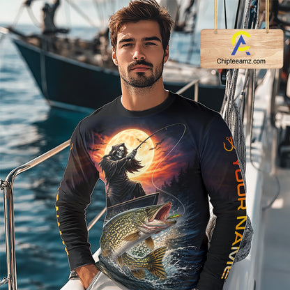 Personalized Fish Reaper Fishing Shirts Jerseys, Fish Reaper Sunset Pike Fishing Shirts Long Sleeve NHT830