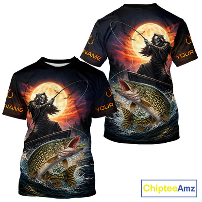 Personalized Fish Reaper Fishing Shirts Jerseys, Fish Reaper Sunset Pike Fishing Shirts T - Shirt NHT830