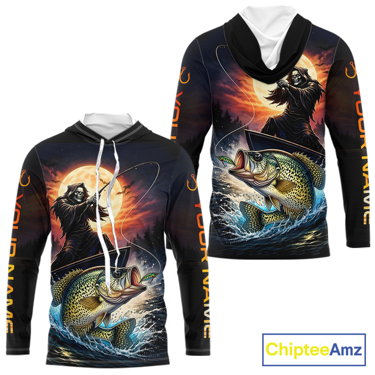 Personalized Fish Reaper Fishing Shirts Jerseys, Fish Reaper Sunset Crappie Fishing Shirts Long Sleeve Hooded NHT831