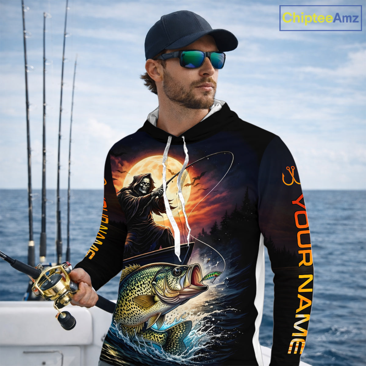 Personalized Fish Reaper Fishing Shirts Jerseys, Fish Reaper Sunset Crappie Fishing Shirts Long Sleeve Hooded NHT831