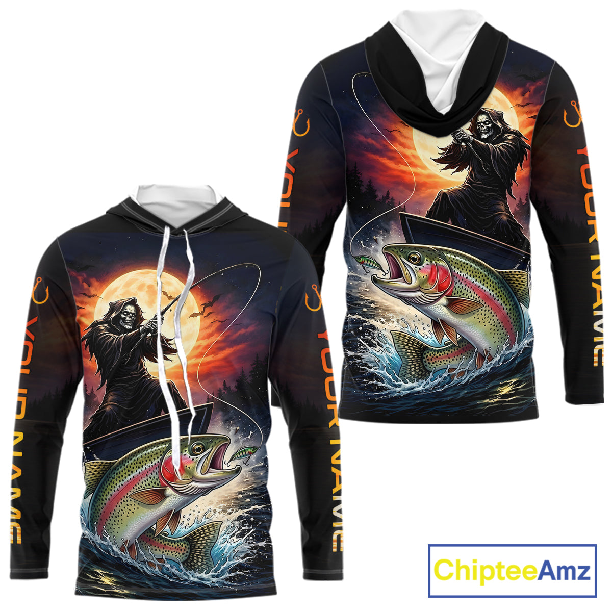 Personalized Fish Reaper Fishing Jerseys, Fish Reaper Sunset Rainbow Trout Fishing Shirts Long Sleeve Hooded NHT832