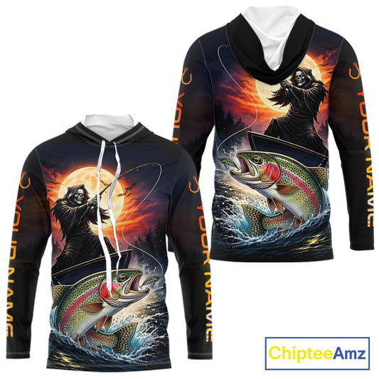 Personalized Fish Reaper Fishing Jerseys, Fish Reaper Sunset Rainbow Trout Fishing Shirts Long Sleeve Hooded NHT832