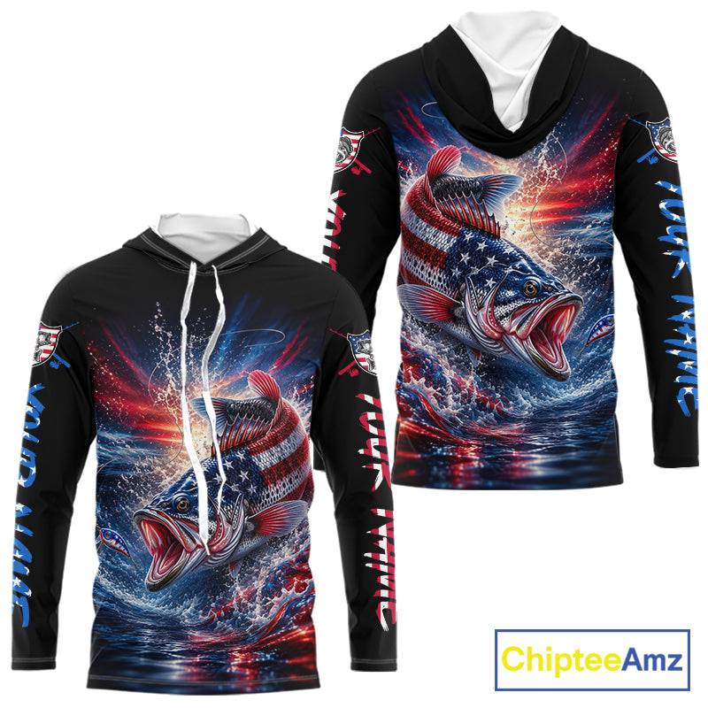 Patriotic Bass Fishing Long Sleeve Hooded Shirt – American Flag Design For Men