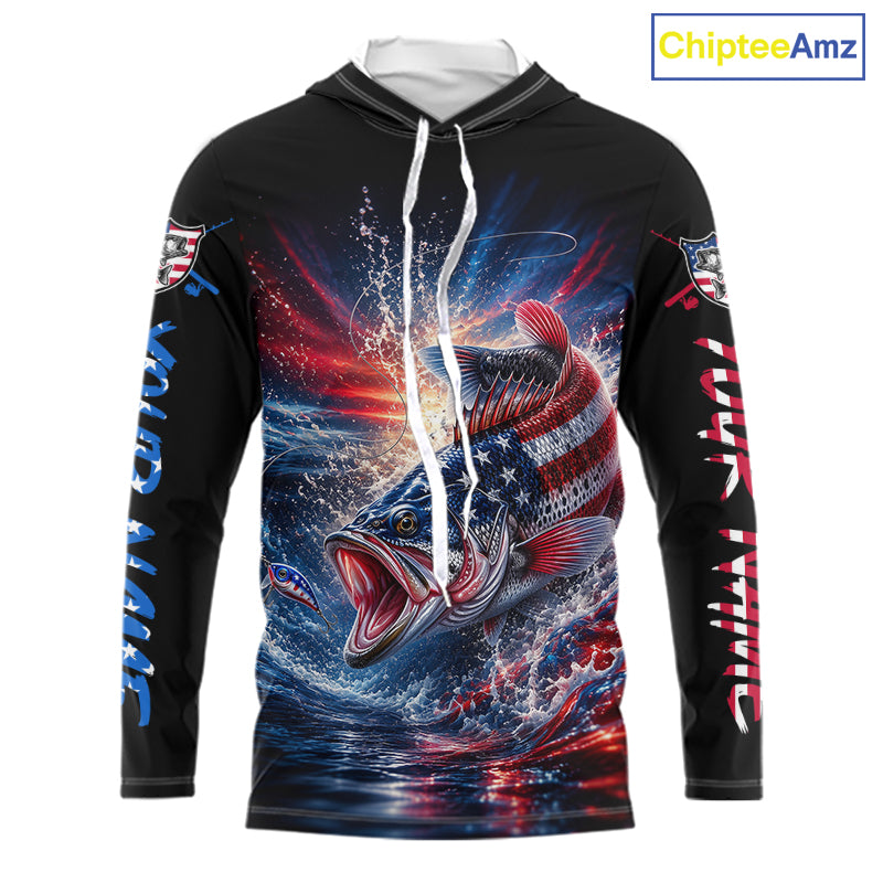 Patriotic Bass Fishing Long Sleeve Hooded Shirt – American Flag Design For Men