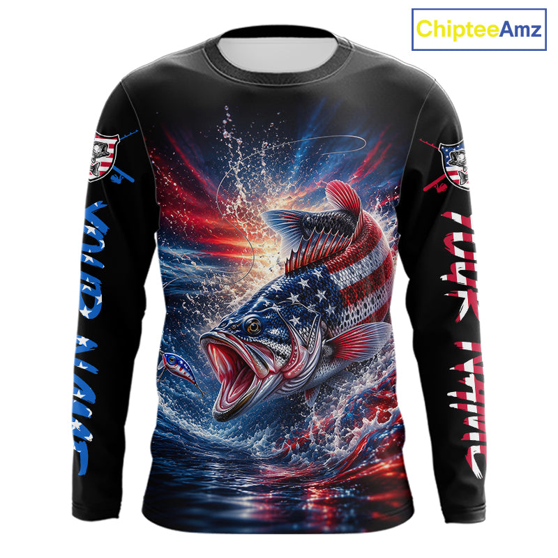 Patriotic Bass Fishing Long Sleeve Shirt – American Flag Design For Men