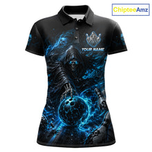 Load image into Gallery viewer, Custom Blue Fire Grim Reaper Bowling Jersey for Women | Team Polo &amp; 1/4 Zip