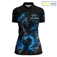 Load image into Gallery viewer, Black polo shirt reaper with blue graphic design and 'Chiptee Amz' branding