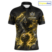 Load image into Gallery viewer, Custom Yellow Fire Grim Reaper Bowling Jersey for Men | Team Polo &amp; 1/4 Zip